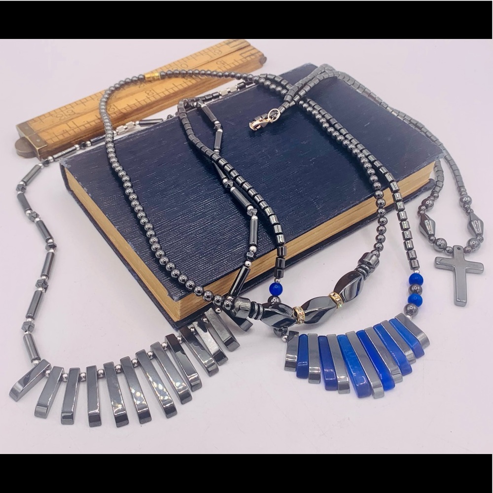 4 hematite artisan bead necklaces fringe cross